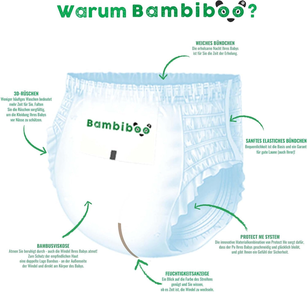 Scutece de unică folosință Bambiboo, prietenoase cu pielea, cu fibre fine de bambus - Chiloți pentru scutece pentru bebeluși - Huse de scutece de unică folosință - Protecție pentru pielea sensibilă - Foarte absorbante - Mărimea 4 (Maxi), 16 bucăți