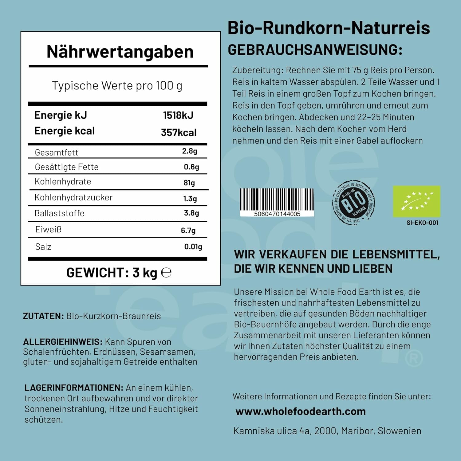 Orez brun cu bob scurt organic Wholefood Earth 3 kg, fără OMG, sursă vegană de fibre, provenit din agricultură organică controlată