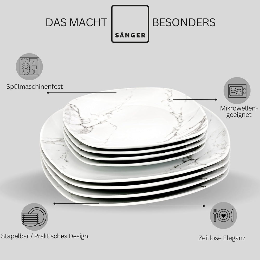 SÄNGER | Set de veselă combinat Bilgola din marmură, set de veselă cu 36 de piese pentru 6 persoane, cu farfurii de cină, farfurii de desert, farfurii de sumă, boluri pentru cereale, farfurii de cafea și farfurioare din porțelan, pătrat | COLECȚIA PREMIUM