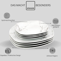 SÄNGER | Set de veselă combinat Bilgola din marmură, set de veselă cu 36 de piese pentru 6 persoane, cu farfurii de cină, farfurii de desert, farfurii de sumă, boluri pentru cereale, farfurii de cafea și farfurioare din porțelan, pătrat | COLECȚIA PREMIUM