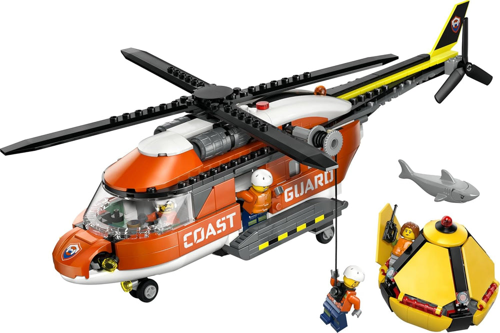 LEGO City Hubschrauber der Küstenwache - Spielzeug Einsatzfahrzeug - Modellbau mit Schiebetüren, Winde, 4 Minifiguren und Hai Figur - Geburtstagsgeschenk für Jungen ab 7 Jahren - 60503