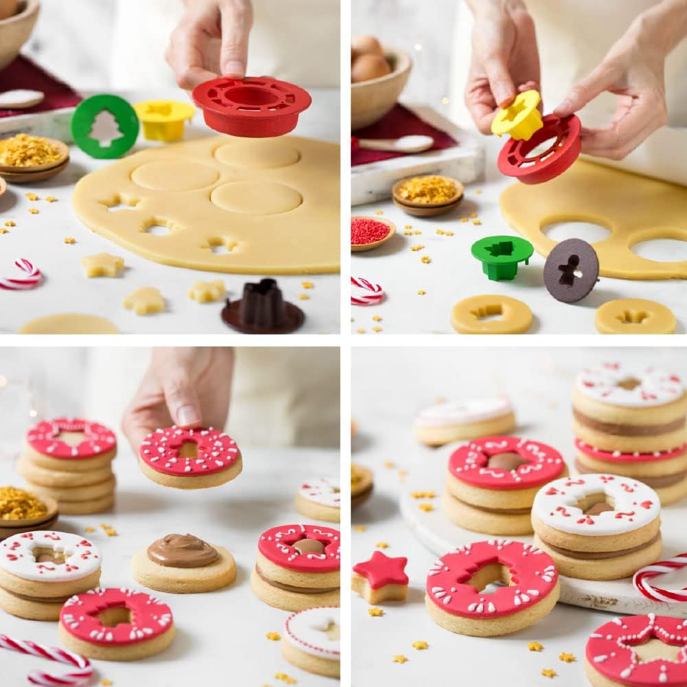 0255044 Formă de biscuiți tip ochi de bou, din plastic, setul ideal pentru decorațiuni din pastă de zahăr sau pastă de gumă, fabricată în Italia, design original. Pachet de 4.