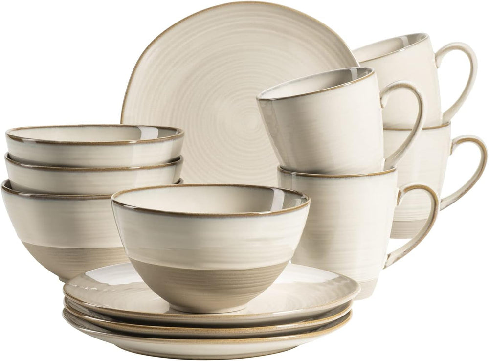 MÄSER 931818 Set de veselă Nottingham Vintage Series pentru 4 persoane, serviciu de mic dejun cu 12 piese cu forme rotunjite neregulate în aspect retro, gresie, bej