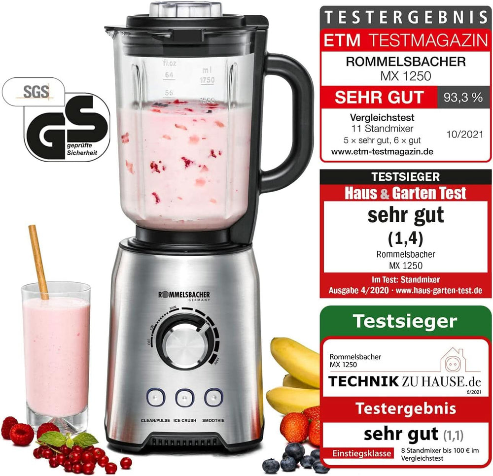 ROMMELSBACHER Standmixer MX 1250-22.000 U/Min, Stufenlose Drehzahlregulierung, Funktionstasten (Smoothie, Clean/Pulse, Ice Crush), Glaskrug, Edelstahlgehäuse, Spezialmesser, 1200 Watt Bucatarie Naty Shop