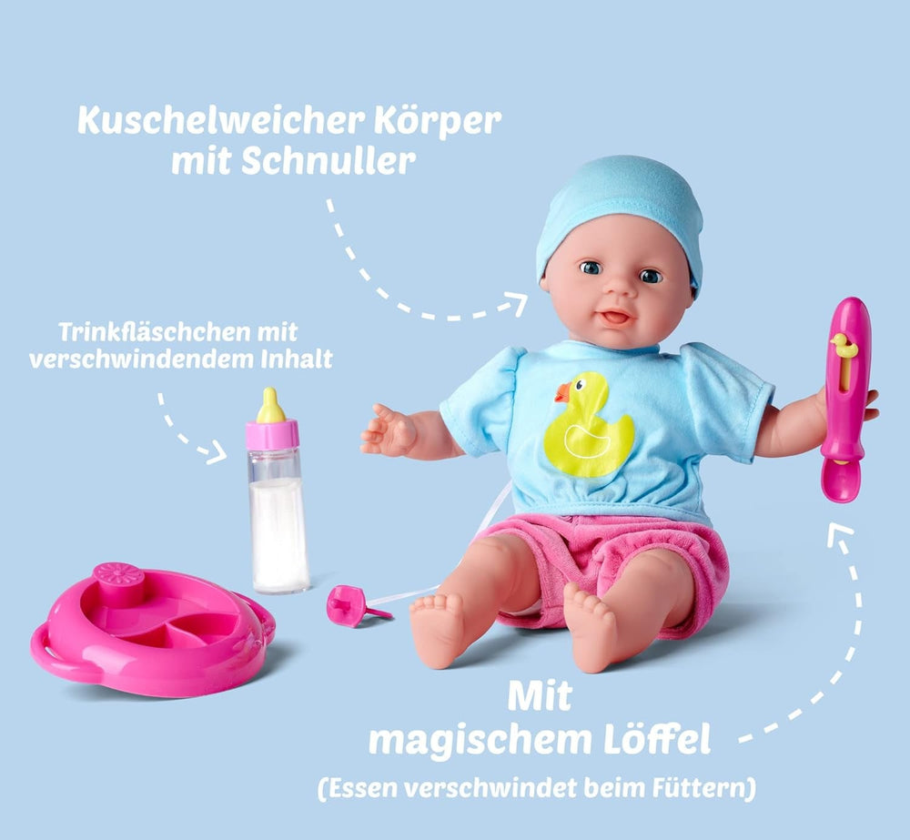 Simba 105010964 - Laura Hungry, Weichkörperpuppe mit Schnuller, magischem Löffel, Trinkfläschchen mit verschwindendem Inhalt und Tellerchen, 38cm, Babypuppe ab 2 Jahren