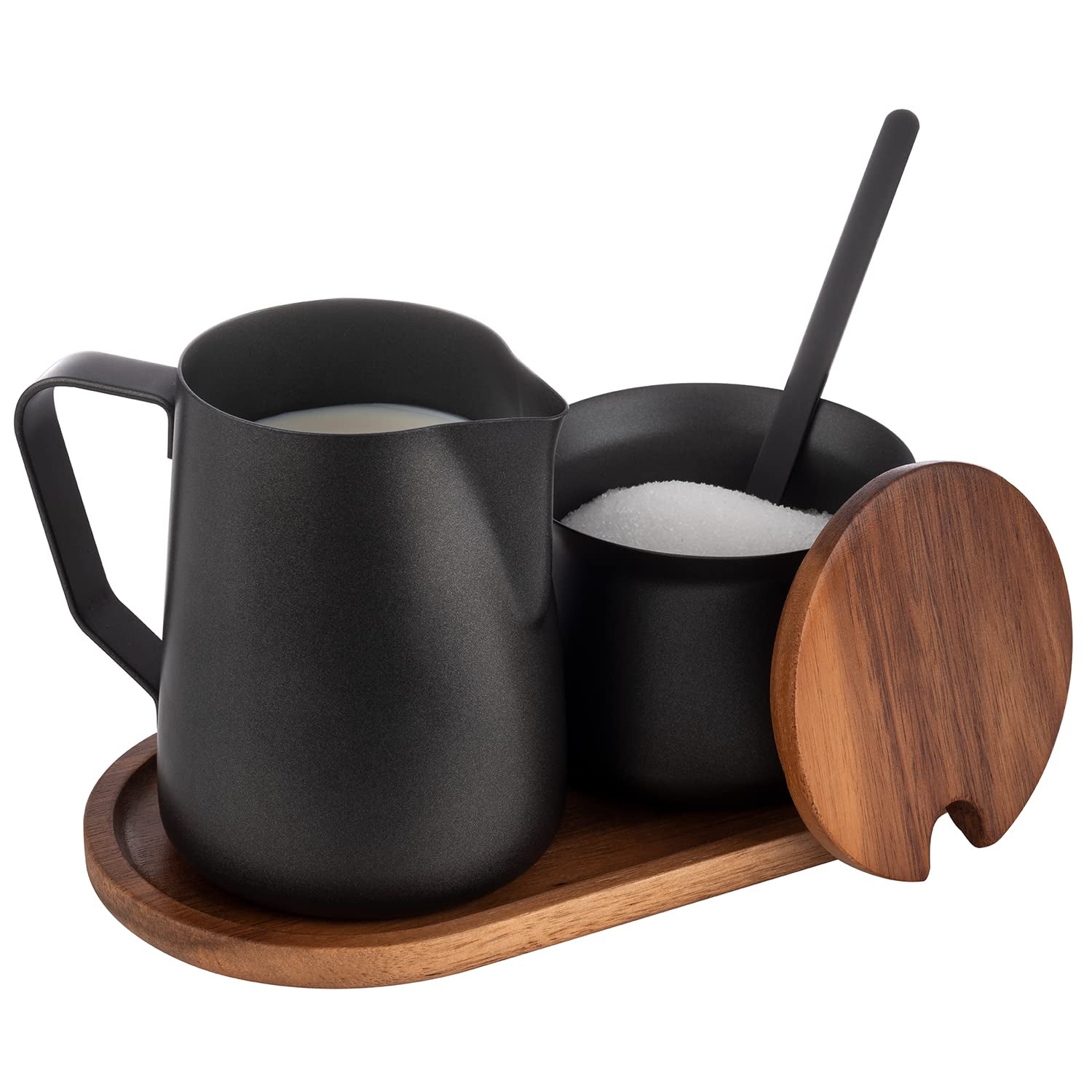 Set lapte și zahăr APS 634, set de 5 piese, lemn de salcâm, oțel inoxidabil, strat antiaderent, negru