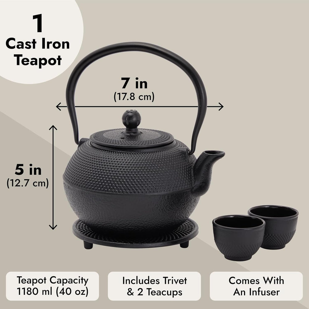 Set de ceai japonez Juvale cu ceainic din fontă (1200 ml), farfurie și 2 căni, set de ceai în stil Tetsubin, negru