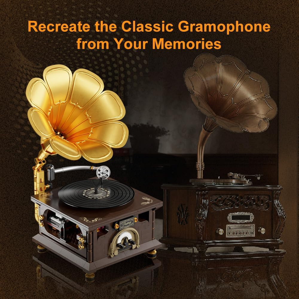 PANTASY Retro-Phonograph-Bausatz, Grammophon-Musikbox-Baukasten, Vintage-Musikspieler-Baustein-Set, Grammophon-Bausteinmodell-Set