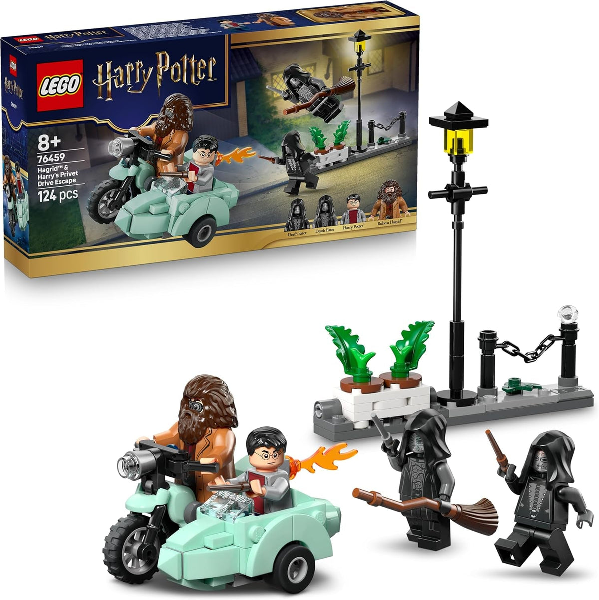 LEGO Harry Potter Hagrids und Harrys Flucht aus dem Ligusterweg - Motorrad Spielzeug mit 4 Minifiguren - 2 Todesser, eine Straßenszene - Geschenk für Mädchen, Jungen und Fans ab 8 Jahren - 76459