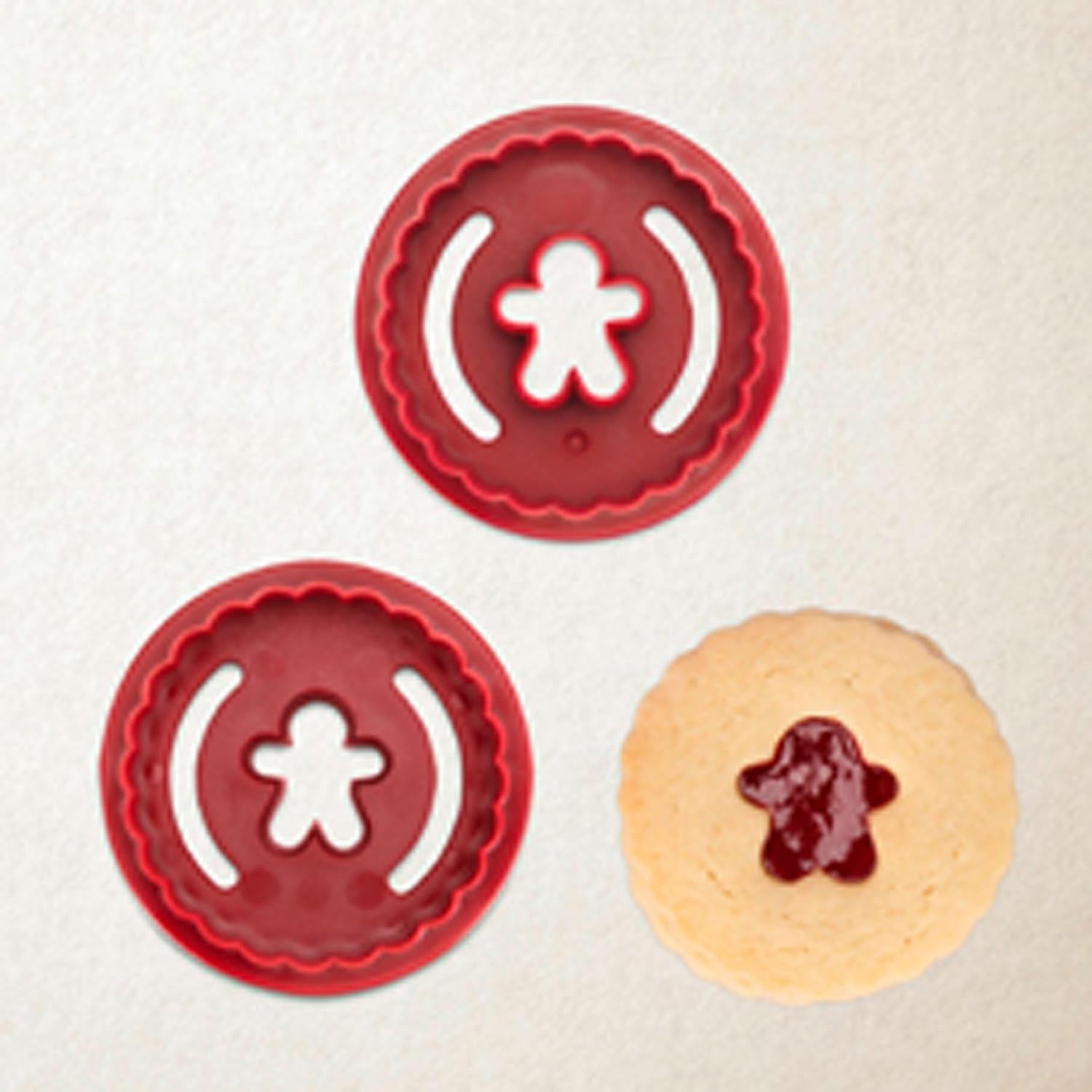 Formă de biscuiți Städter Linzer, omuleț de turtă dulce, ondulată, față-verso, plastic ABS, roșie, diametru: 5,5 cm, înălțime: 3 cm, 954145