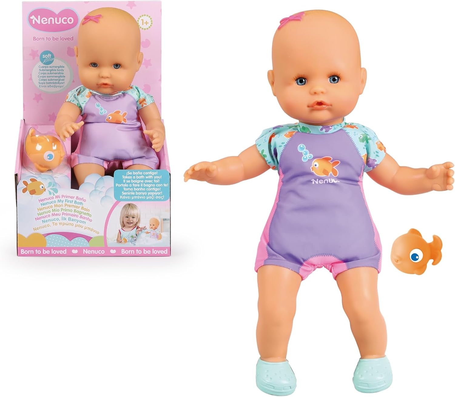 Mein erstes Bad, eine weiche Puppe mit wasserdichtem Körper, kann in die Badewanne, im Pool und im Meer getragen Werden. Inklusive Badeanzug und einem kleinen Fisch, der ins Wasser gelegt