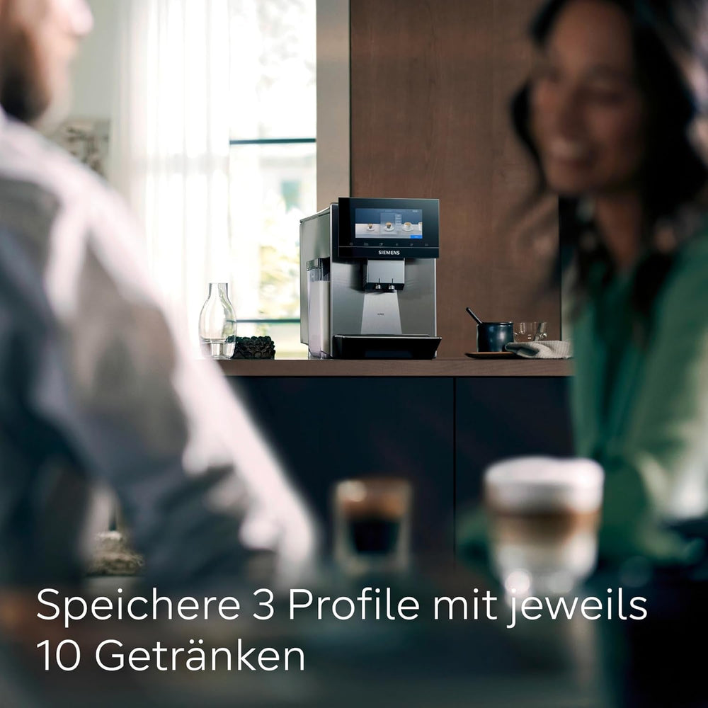 Espressor automat Siemens EQ900, ecran TFT color mare, 2 recipiente pentru boabe, 36 de băuturi calde și reci, cafea rece, super silențios, funcție pentru două cești, control prin aplicație, oțel inoxidabil, TQ907D03