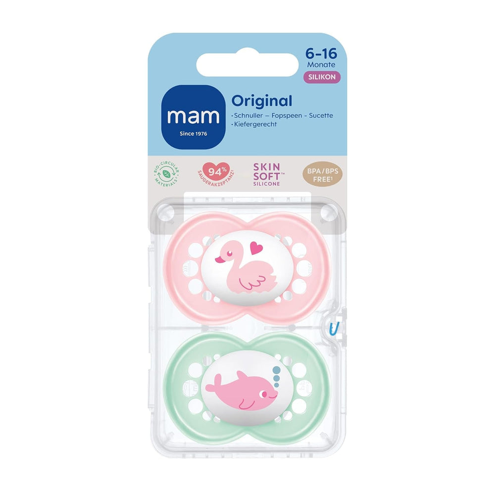 Suzete MAM Originale | 6-16 Luni | Suzete pentru bebeluși | Acceptat de 94% | Potrivit pentru alăptare | Recomandat de moașe | Prietenos cu dinții | Silicon SkinSoft | Lebădă/Delfin | Pachet de 2
