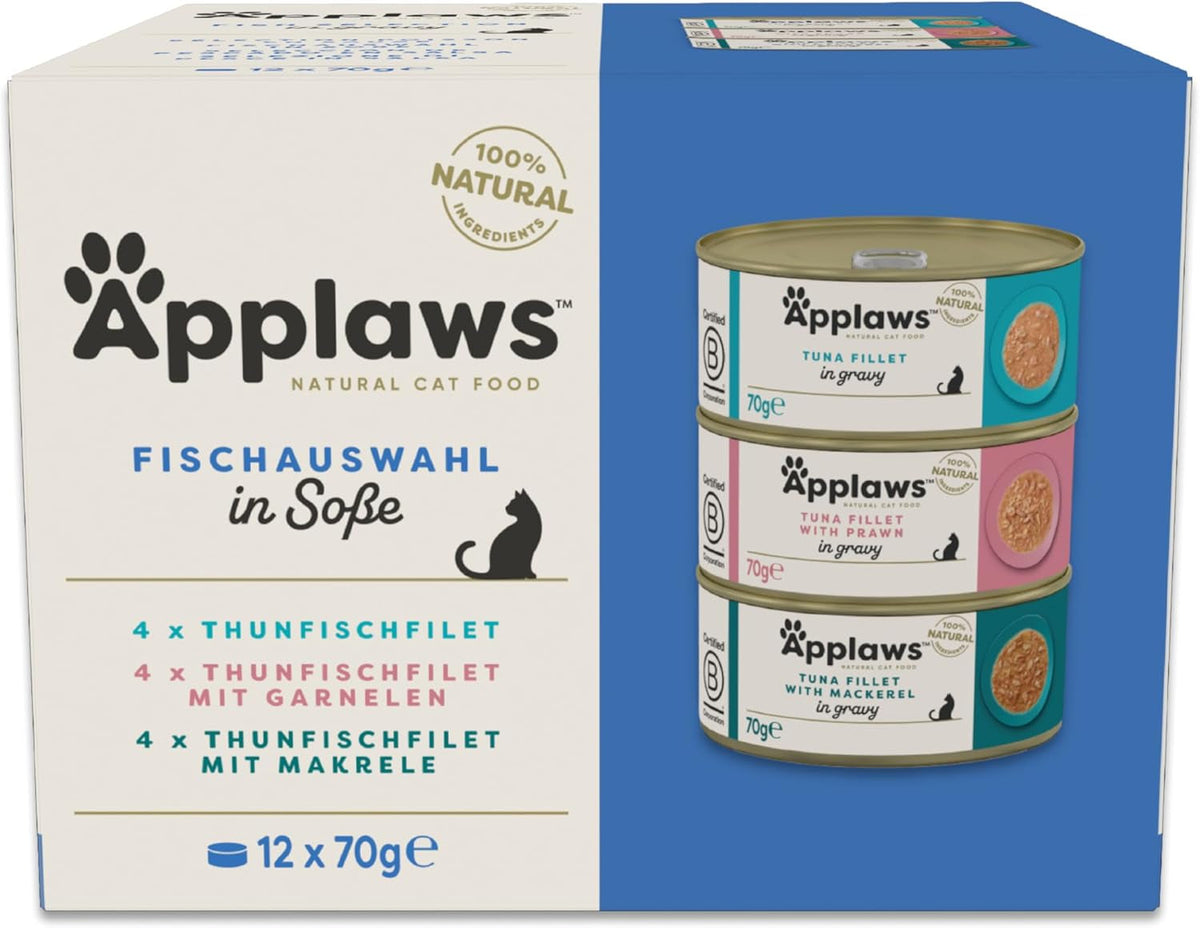 Applaws hrană umedă 100% naturală pentru pisici adulte, sortiment de pește în sos, pachet multiplu, 12 cutii x 70 g