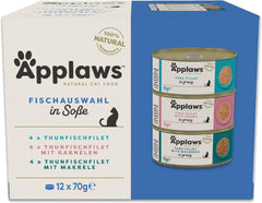 Applaws hrană umedă 100% naturală pentru pisici adulte, sortiment de pește în sos, pachet multiplu, 12 cutii x 70 g