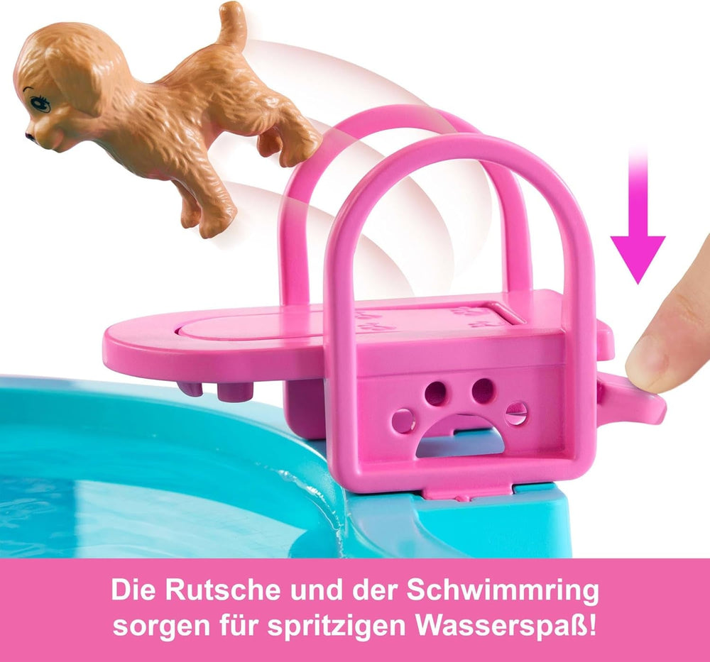 Set de joacă Barbie Dream Pool cu șase zone de joacă, inclusiv un tobogan și un jacuzzi, plus peste 20 de accesorii, cum ar fi un animal de companie, inele de înot și multe altele, JKG83