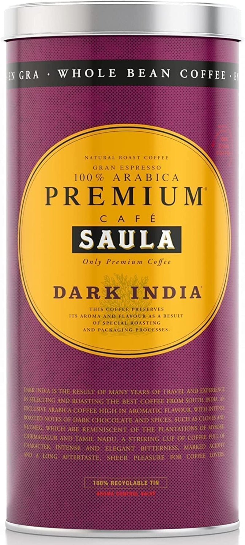Cafea boabe Saula, 2 cutii a câte 500 gr. Premium Dark India 100% Arabica