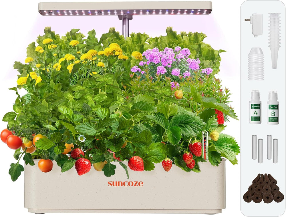 Kit sistem de creștere hidroponică cu 12 capsule, lampă LED de 24W pentru grădină de interior, rezervor de apă de 4L cu pompă silențioasă, jardinieră cu înălțime reglabilă pentru plante aromatice, kit de grădinărit de interior, cadouri de grădinărit, bej