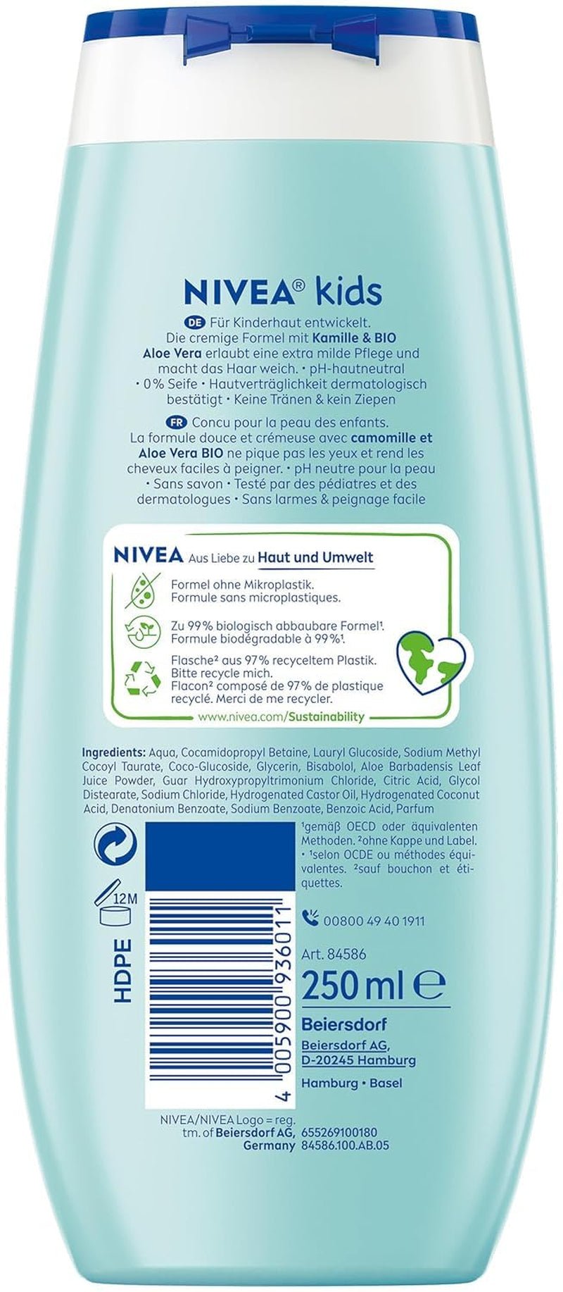 Gel de duș, șampon și balsam NIVEA KIDS 3in1, îngrijire și curățare pentru copii cu un parfum magic de mere, extra blând, îngrijire fără săpun pentru păr și piele pentru copii (250 ml) Copii - Baie si Skincare Naty Shop