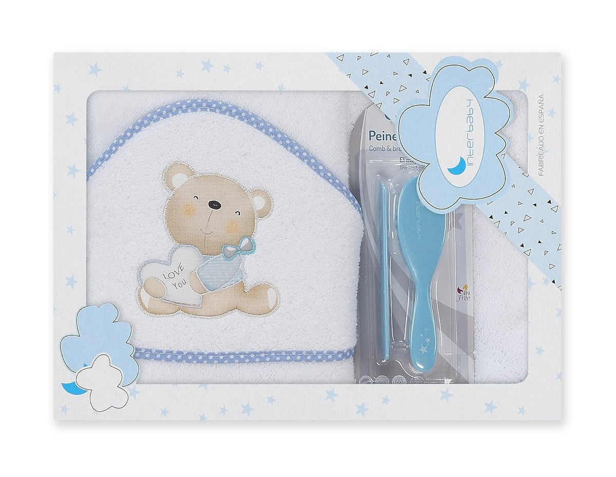 Interbaby P1177-11 Prosop de baie cu glugă pentru copii LOVE YOU alb și albastru cu pieptene și perie, albastru Copii - Baie si Skincare Naty Shop Titlu implicit