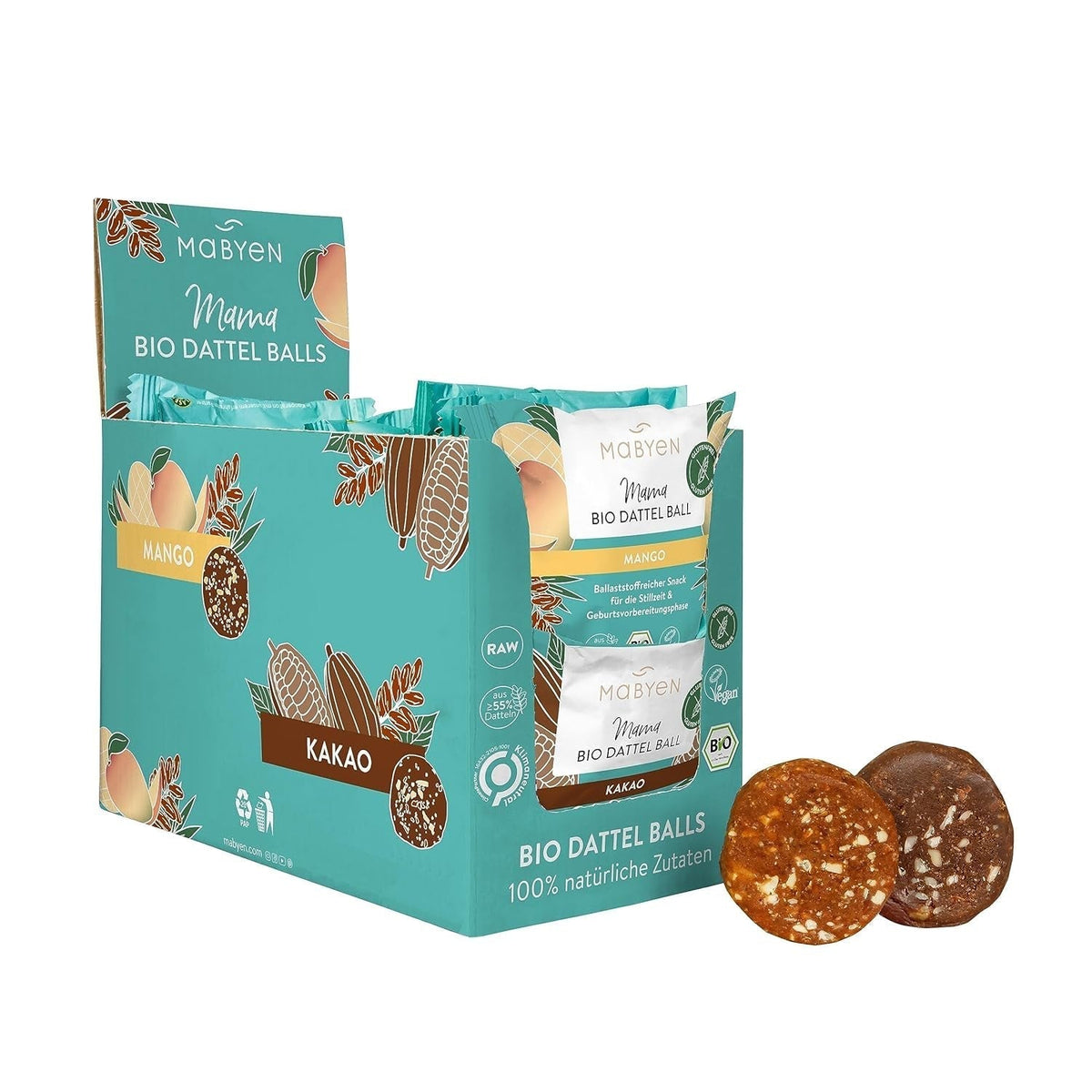 MABYEN Energy Balls Date Organic 20 buc. | Date Balls - Gustări sănătoase fără zahăr pentru sarcină și alăptare - Batoane proteice cu fructe uscate - Aromă 13 x cacao și 7x mango Produse deshidratate Naty Shop 40 G (pachet de 20) Cacao + mango