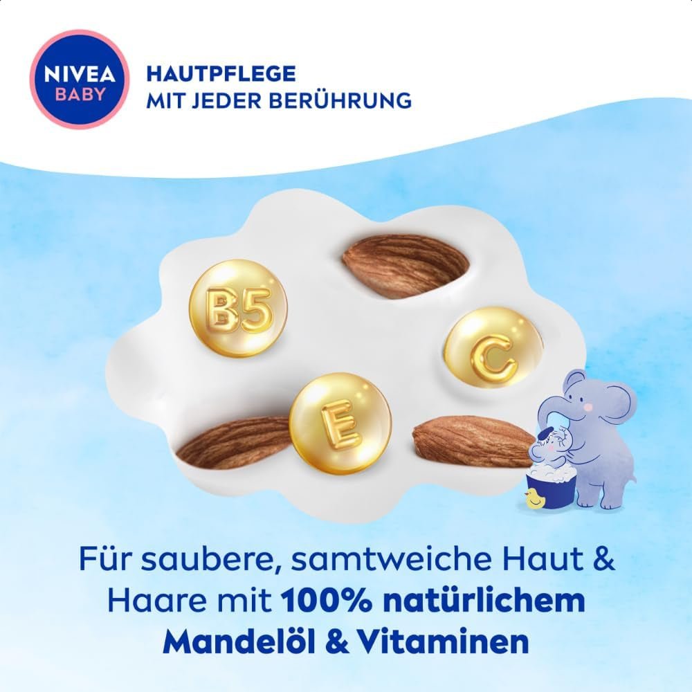 NIVEA BABY head to toe bath & shampoo, șampon blând vegan pentru copii pentru piele și păr cu ulei de migdale, gel de duș relaxant cu formulă hipoalergenică fără parabeni și microplastice (200 ml) Copii - Baie si Skincare Naty Shop