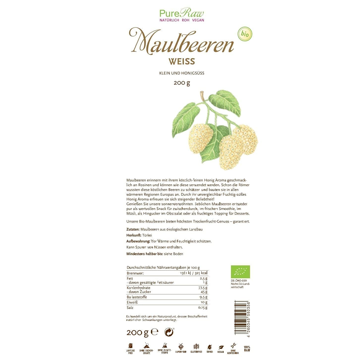 Premium Organic uscat (Raw Vegan) mure albe Morus Alba Mulberry Fruit - Fructe uscate fără adaos de zahăr din Turcia - Organic Raw White Mulberries Dried Fruit | PureRaw 200g Produse deshidratate Naty Shop