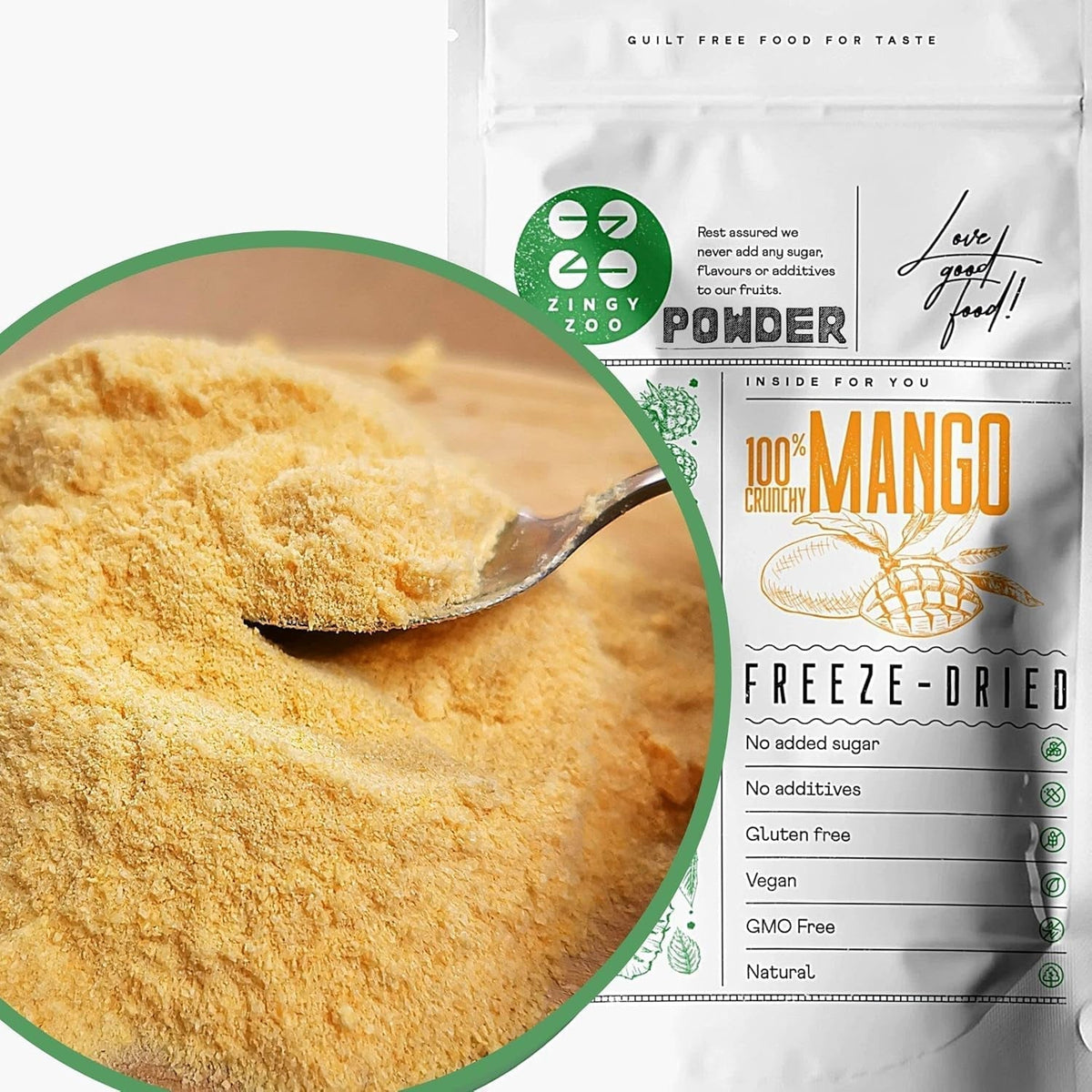Pudră de mango liofilizată | Pudră de fructe fără zahăr adăugat liofilizată | Pudră de fructe de mango liofilizată Mango liofilizat | Mango liofilizat Polvere fără aditivi | ZingyZoo (100g) Produse deshidratate Naty Shop 100G