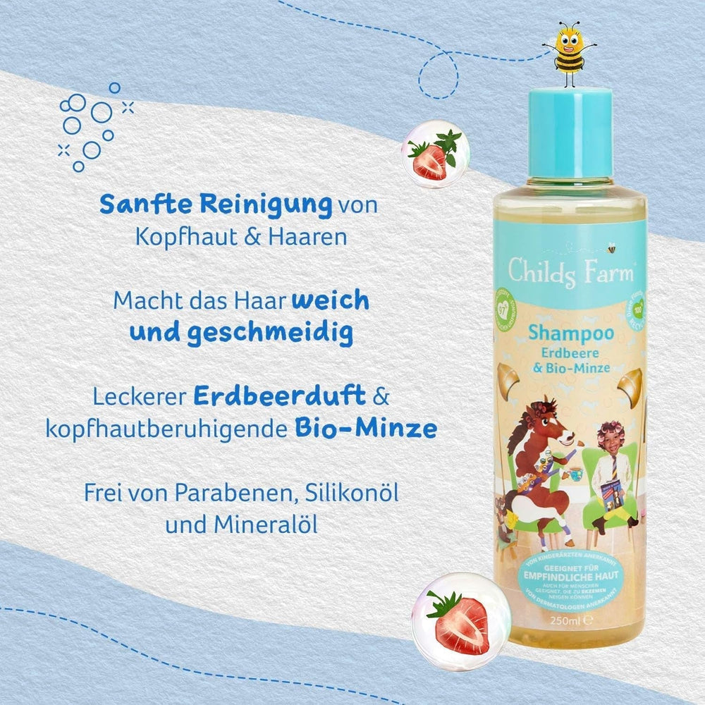 Șampon pentru copii Childs Farm 250 ml | Căpșuni și mentă organică | Toate tipurile de păr | Demontează și hrănește | Potrivit pentru pielea uscată, sensibilă și predispusă la neurodermatită Copii - Baie si Skincare Naty Shop