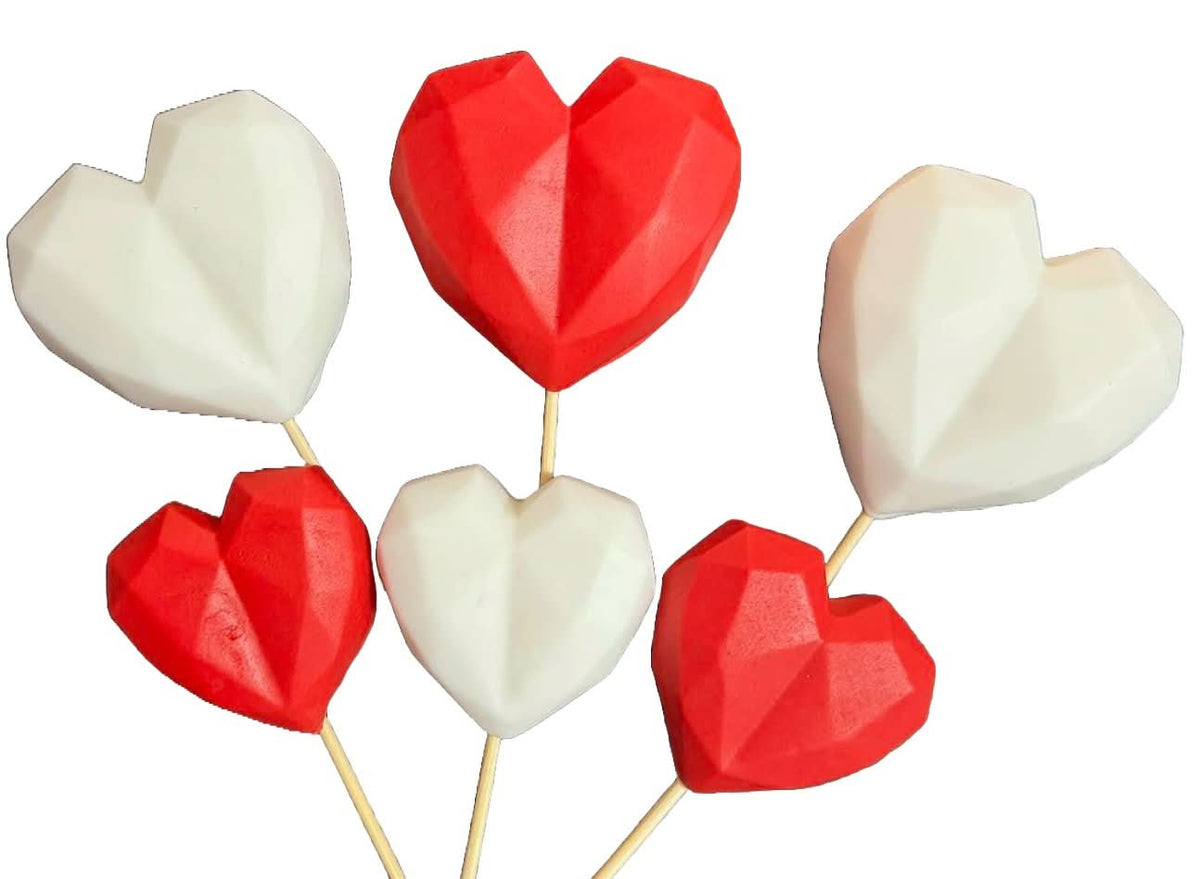 Set 6 decoratiuni comestibile din zahar, Inimi alb-rosii Decoratiuni din Pasta de Zahar Nati Shop