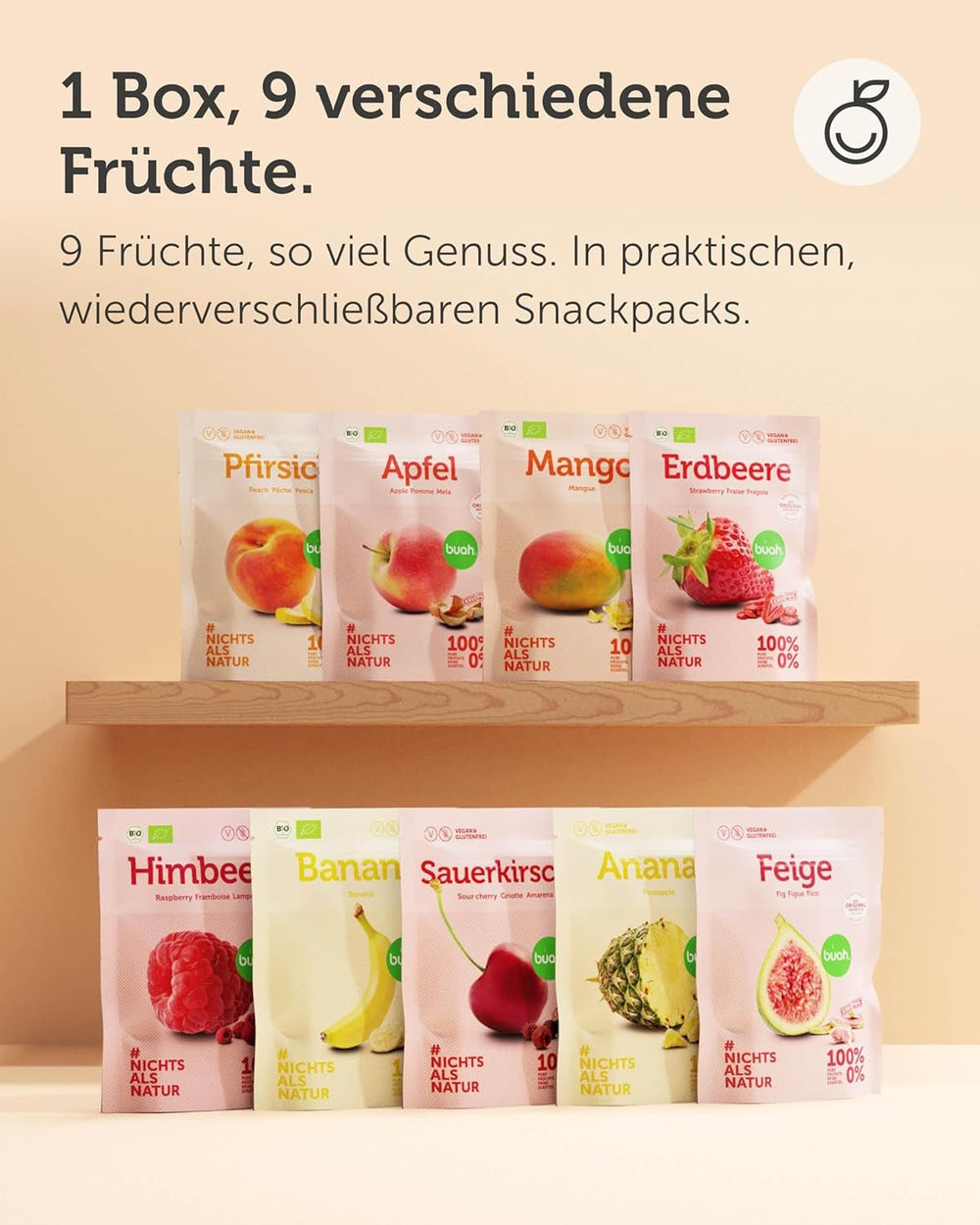Set de degustare de fructe liofilizate BUAH® | Gustare perfectă de chipsuri crocante din fructe | Alternativă de dulciuri fără zahăr adăugat, toppinguri pentru terci | Vegan Fără gluten Produse deshidratate Naty Shop