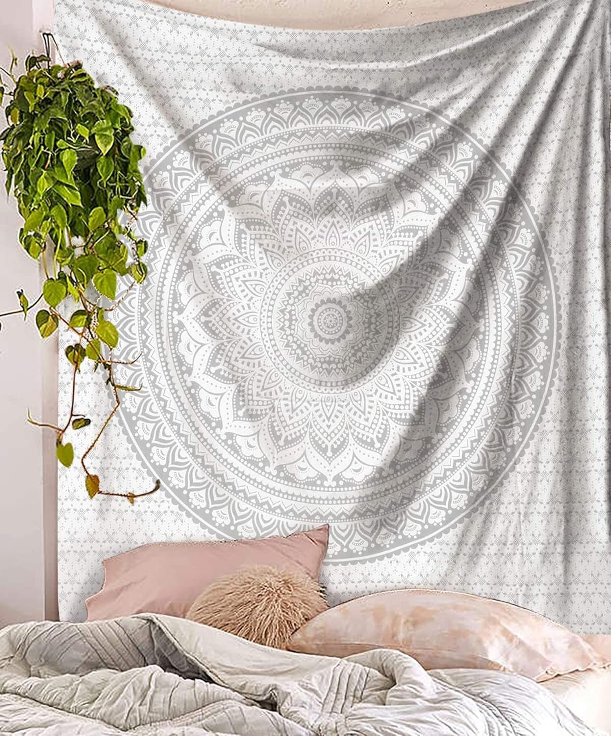Tapiserie indiana mandala alb argintiu camera estetic panza Casa - Accesorii si Decoratiuni Naty Shop