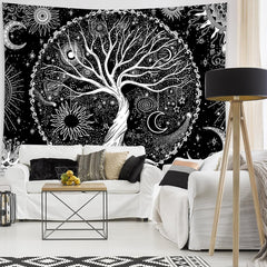 Tapiserie negru alb copac viata tapiserii faze luna Casa - Accesorii si Decoratiuni Naty Shop