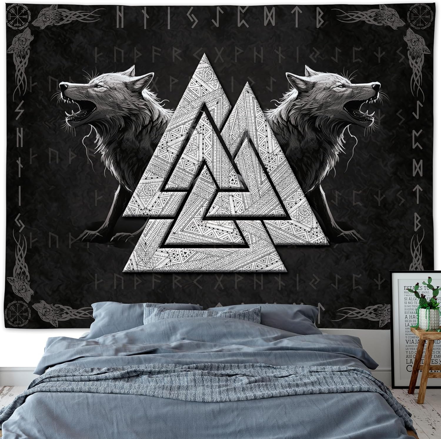 Tapiserie viking wolf totem negru alb meditatie rune Casa - Accesorii si Decoratiuni Naty Shop