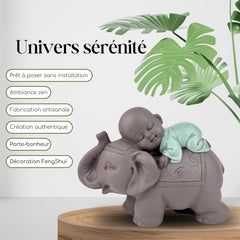 Zen'Light Statue Buddha Bonze Sleeping on Elephant - Atmosferă Zen în spațiul tău sacru - frumoasă figură de bun augur -H 9.5 cm, Brown & Green Statuete si sculpturi Naty Shop