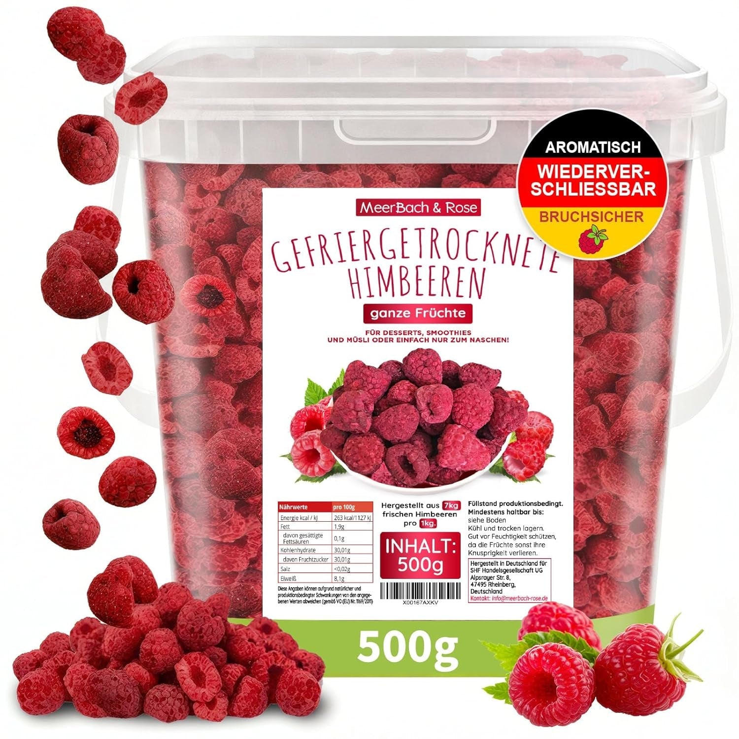 Zmeură liofilizată, FĂRĂ produse chinezești, 500g fructe întregi liofilizate, fără aditivi, fructate, fabricate în Germania Produse deshidratate Naty Shop 500 G (1 pachet)